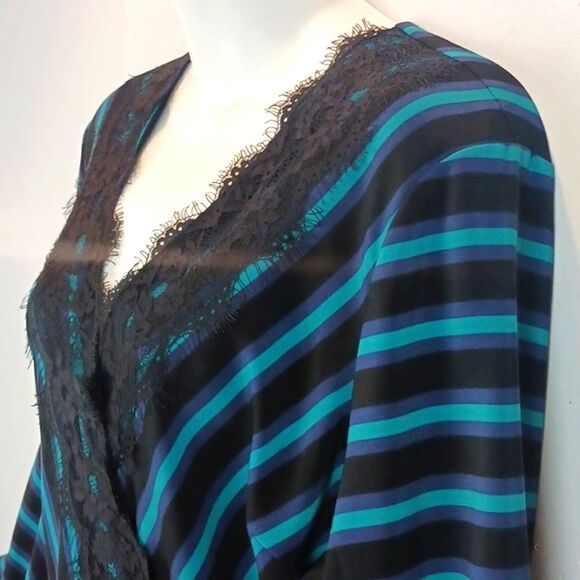 ISAAC MIZRANI Teal / black stripped long-sleeve V-neck Boho wrap midi dress L - Picture 4 of 14